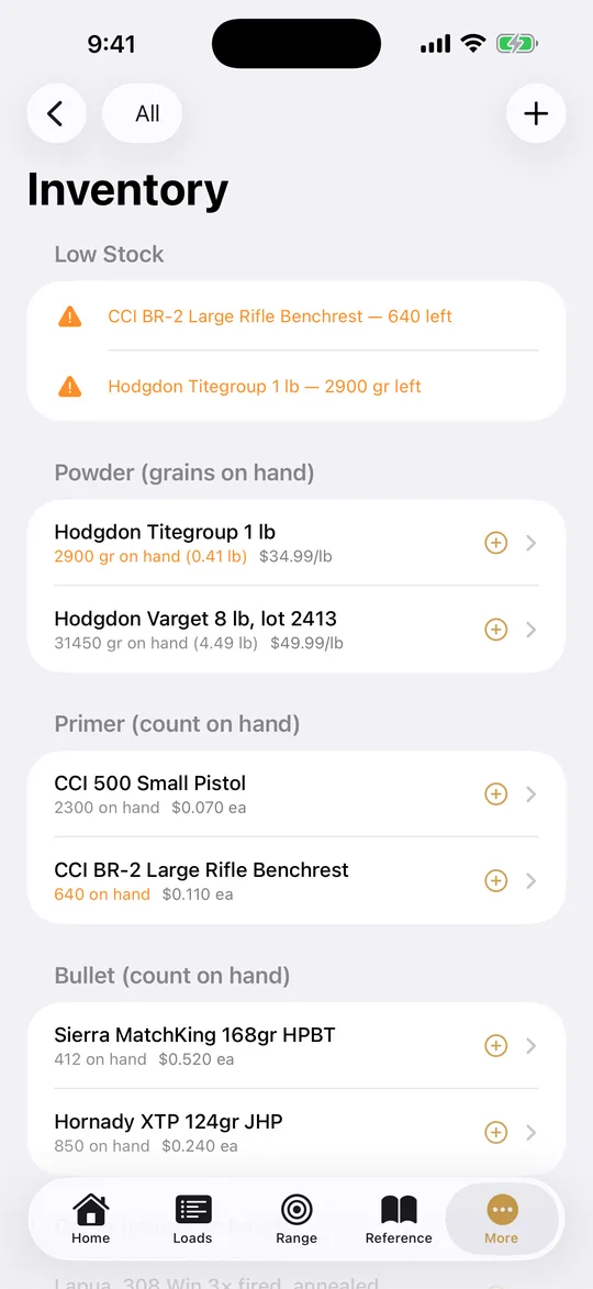 Inventory screen listing powder in grains and pounds, primers and bullets with low-stock warnings