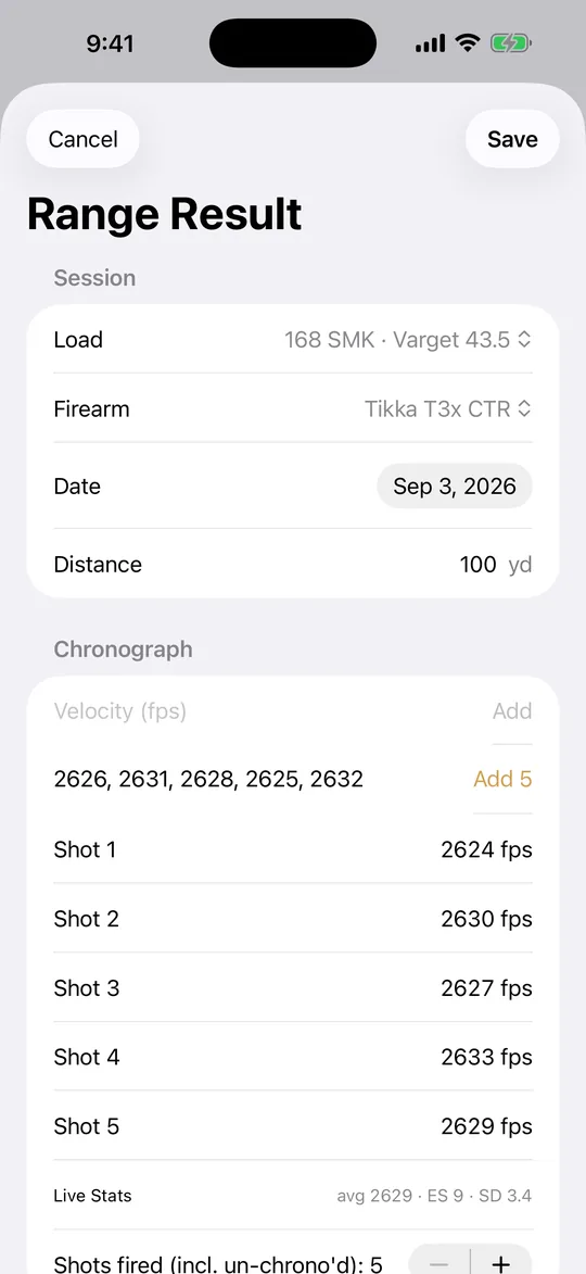 Range Result entry with a pasted chronograph string of five velocities and live average, ES and SD